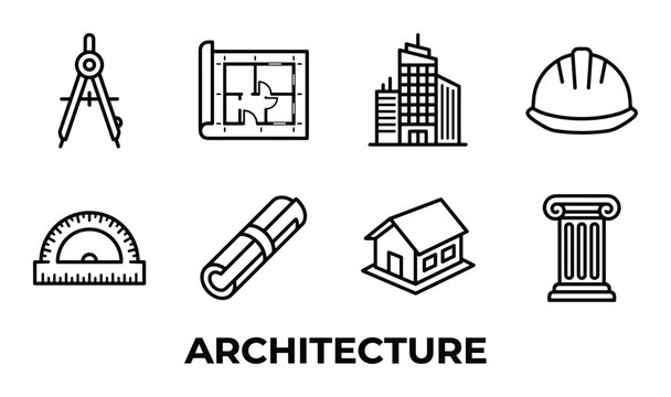 Architecture icons including compass blueprint skyscraper hard hat protractor rolled blueprint house column building design.