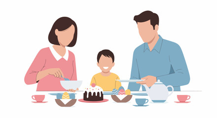 Obraz premium Happy family enjoying a cake together at a table.