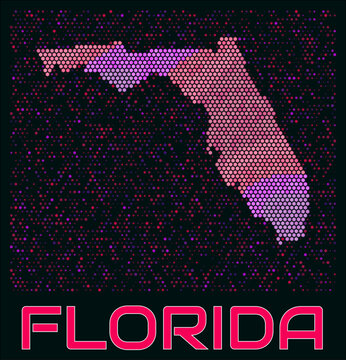 Florida digital style hexagon map. Vibrant magenta purple pink neon dotted shape. State tiny bright hexagon cells. Florida honeycomb map design. Creative Vector Illustration.