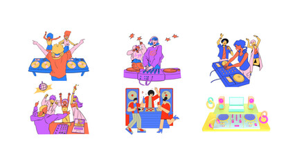 Obraz premium DJ performing at a music festival with dancing crowd. Lofi anime style flat vector illustration of young people celebrating at a club or beach party with colorful stage lights and speakers.