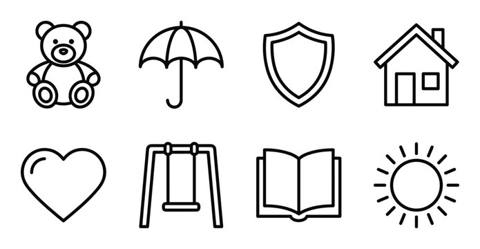 Collection of icons representing childhood family and home teddy bear umbrella shield house heart swing book.