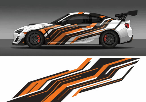 Orange and black racing car wrap design on sports coupe