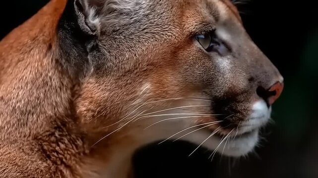 Intimate portrait of a cougar in cinematic detail, highlighting its majestic gaze and intricate facial features against a dark backdrop