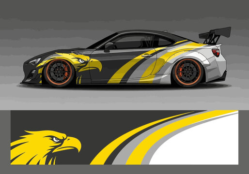 Sports car with yellow eagle vinyl wrap design