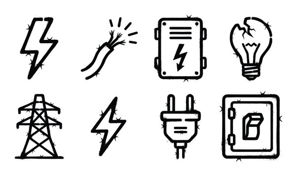 Electricity and power icons with lightning bolt cable box bulb tower plug fuse switch.