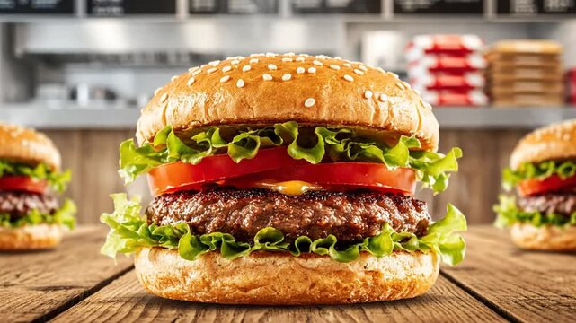 Delicious gourmet burger with fresh ingredients and sesame seed bun on a rustic wooden table