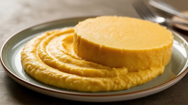A round portion of smooth yellow polenta served on a plate with a textured creamy base layer