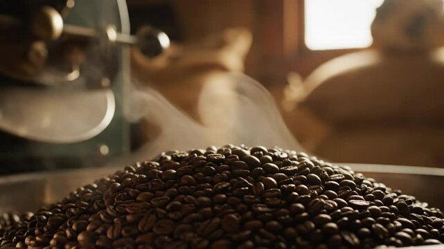 Close-up of freshly roasted coffee beans steaming with a professional roaster in the background
