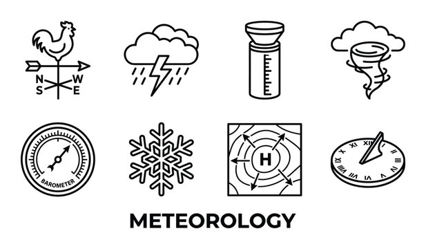 Meteorology icons including weather vane storm cloud thermometer hurricane snowflake barometer and sundial.