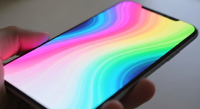 Close-up of a person's hand holding a modern smartphone displaying a vibrant, abstract rainbow wave pattern wallpaper with smooth, flowing gradient colors on a white background.