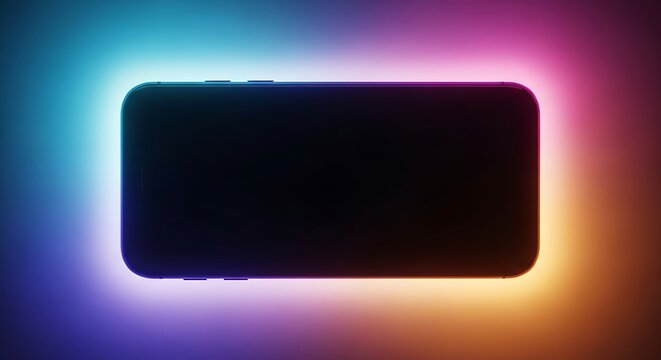 Sleek black smartphone silhouette outlined by vibrant, ethereal neon aurora light gradients, emphasizing modern technology, futuristic design, and digital atmosphere.