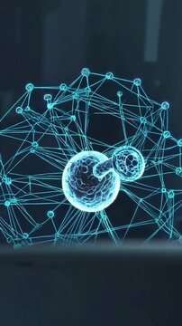 Spherical mesh with security motifs, Eyelike mesh with cyber protection theme, Dynamic spherical node structure featuring biometric motifs and cybersecurity elements in slow rotation