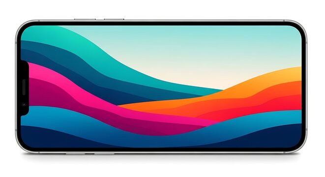 Modern smartphone displaying a vibrant, abstract digital wallpaper with flowing, colorful waves against a gradient sky, viewed horizontally for immersive display.