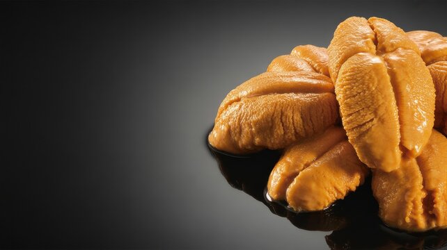Fresh orange sea urchin roe uni pieces arranged on a dark reflective surface with soft lighting