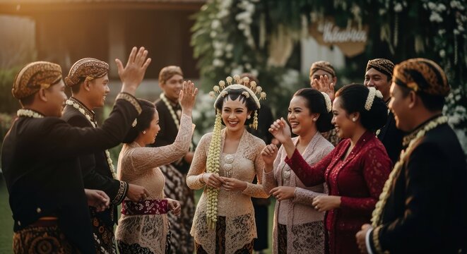 Joyful Indonesian Wedding: Bride and guests celebrate in traditional attire, capturing a beautiful cultural celebration, happiness and love.