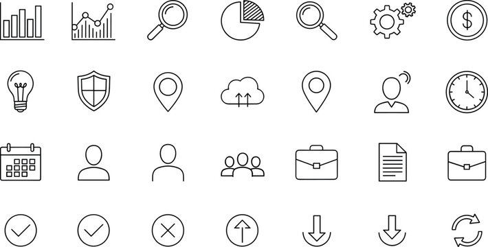 Business and UI minimal line vector icon set with analytics charts navigation user interface controls and workflow elements