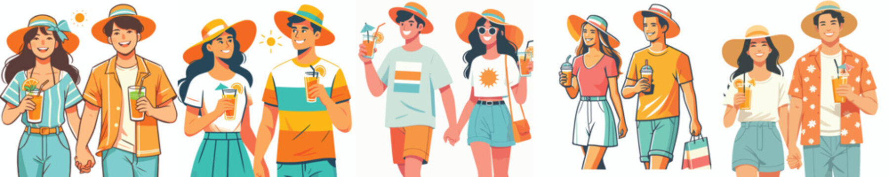 half body vector of a couple walking together on the beach drinking ice on summer