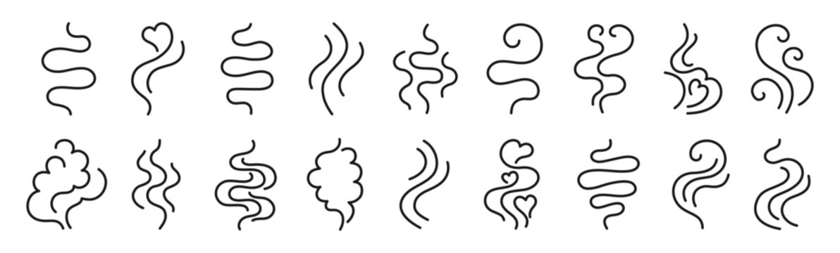 Steam and smoke icon set in hand drawn doodle contour set. Flowing swirls curved lines representing aroma waves air scent. Minimal linear symbols soft motion, abstract vapor shapes and dynamic fluid