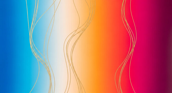 Abstract gradient background with flowing golden threads, vibrant spectrum of blue, orange, and magenta hues, elegant decorative pattern