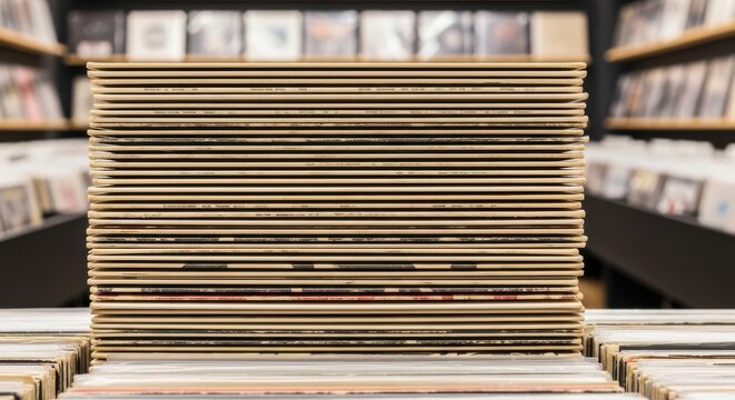 Neatly Stacked Vinyl Records with Colorful Sleeves Displayed for Music Enthusiasts