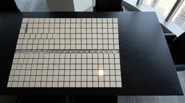 Ceramic tile release matrix on black boardroom table with glowing selected tile and crystal control band, corporate governance background with clean copy space