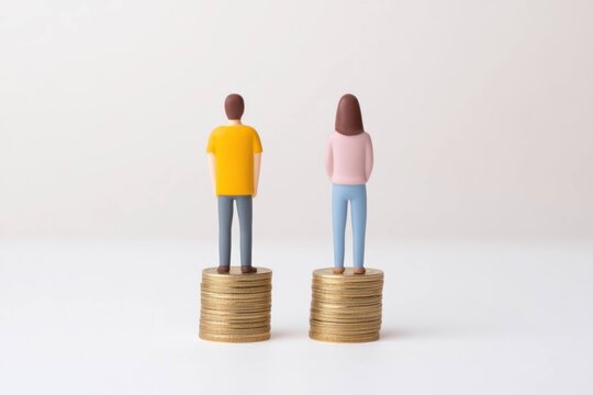 Gender equality concept with male and female figurines standing on different height coin stacks for wage gap and salary difference illustration in finance and business.