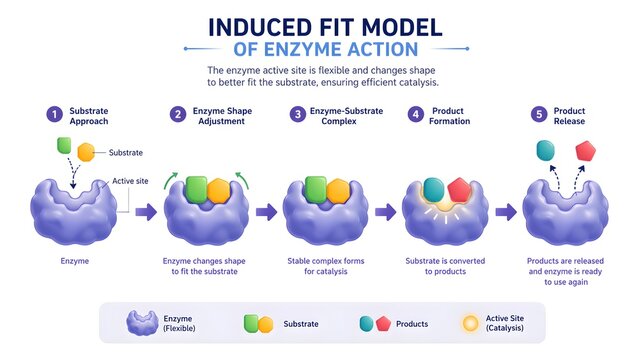Induced Fit Model of Enzyme Action Step-by-Step Modern Educational Vector Diagram