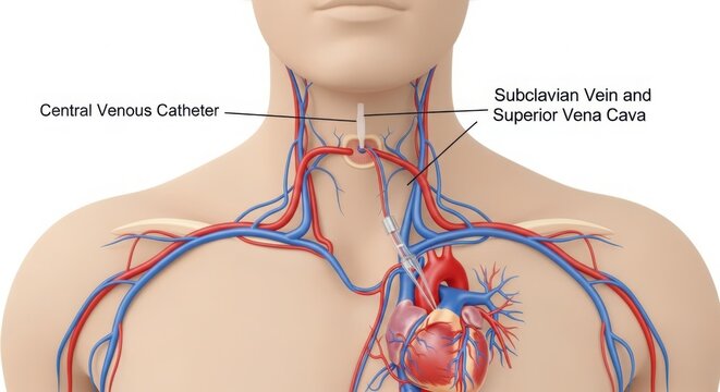 Illustration of central venous catheter and subclavian vein connection