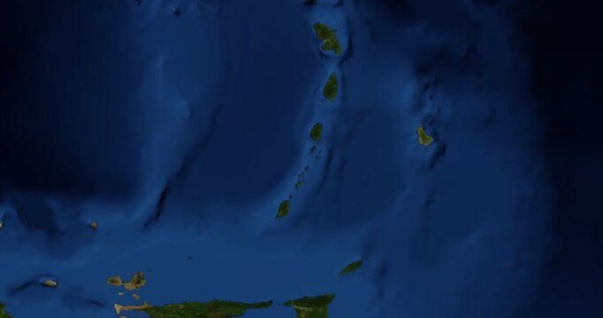 Mustique on Globe. Zoom into the island with Earth spinning in space. High detail physical world map with Mustique on it. Elements of this image furnished by NASA.