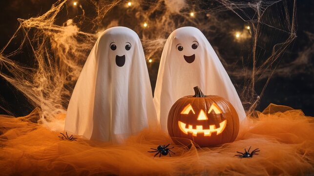 Two friendly sheet ghosts and a glowing jack-o'-lantern with spooky spiderwebs and crawling spiders, Halloween holiday footage