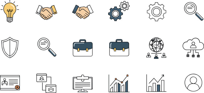 Business and corporate outline icon set featuring handshake briefcase analytics security search cloud networking and growth symbols