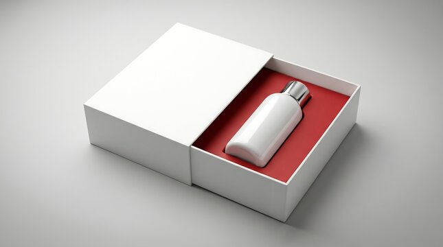 A white cosmetic bottle resting inside an elegant gift box with a red interior