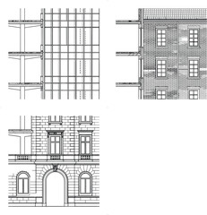 Architectural CAD building facade elevation vector set, structural grid, brick and classical masonry exterior details with windows, arches and columns for construction drawings and blueprint design © PrimePixel Co