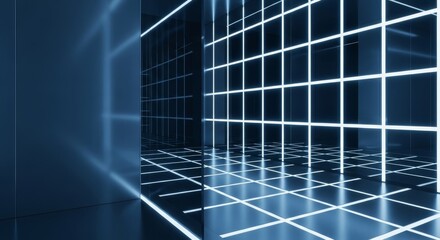 Obraz premium Modern minimalist interior with luminous light strips creating a grid pattern reflected on glass surfaces in deep blue and silver hues, glowing, modern, strips