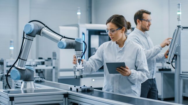 Engineers working with robotic arm in modern laboratory, industrial automation testing, precision manufacturing process, female scientist using tablet for control, collaborative