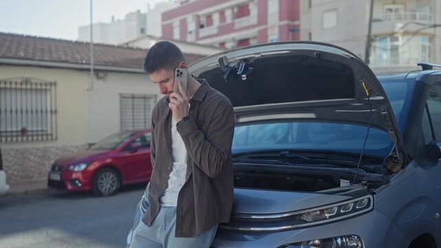 Man holding phone to ear beside car with open hood on street, leaning on bumper and looking up; roadside vehicle trouble concern.
