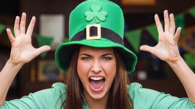 Excited Woman Celebrating St. Patricks Day with Green Hat and Shamrocks.