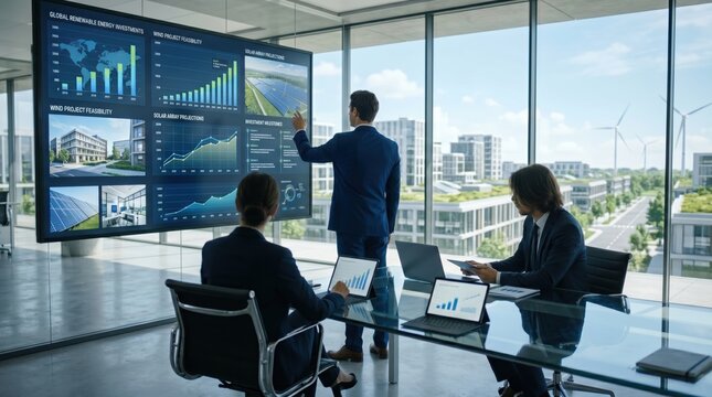 Corporate presentation of global renewable energy investment strategy in modern boardroom, executives analyzing solar and wind project feasibility charts on large display screen