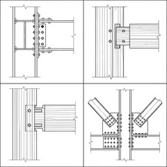Naklejka premium Architectural CAD structural connection symbols vector set. Beam to column joint details with bolts, brackets and steel plates for construction drawings and engineering specification sheets