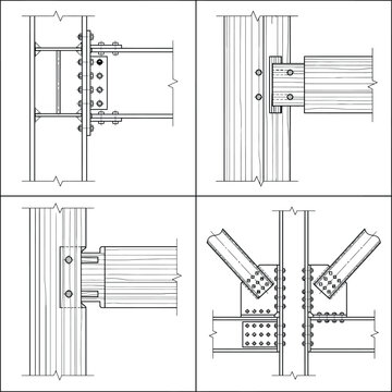 Architectural CAD structural connection symbols vector set. Beam to column joint details with bolts, brackets and steel plates for construction drawings and engineering specification sheets