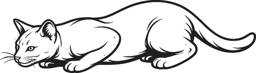 Ocicat cat pouncing crouch line art, hunting feline pose illustration, black white cat vector, stalking domestic cat drawing © chien