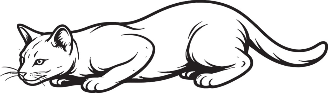 Ocicat cat pouncing crouch line art, hunting feline pose illustration, black white cat vector, stalking domestic cat drawing