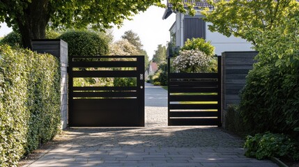 Fototapeta premium Modern black gate opening onto a paved driveway in a residential neighborhood
