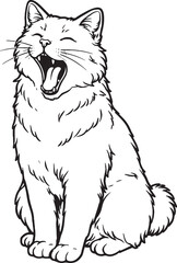 Fototapeta premium Kurilian Bobtail cat yawning line art, sleepy cat open mouth pose outline illustration isolated on white