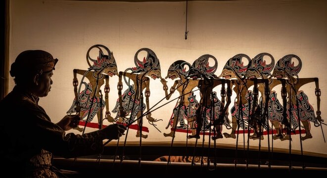 Man performing traditional Javanese Wayang Kulit shadow puppet show, culture and art.