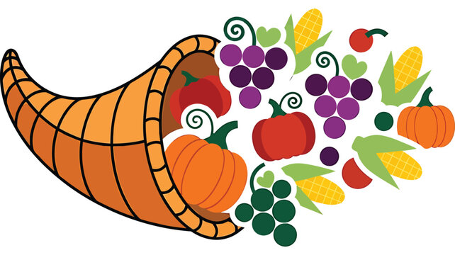 Abundant cornucopia overflowing with colorful fruits and vegetables in vibrant cartoon style for Thanksgiving celebration on transparent background