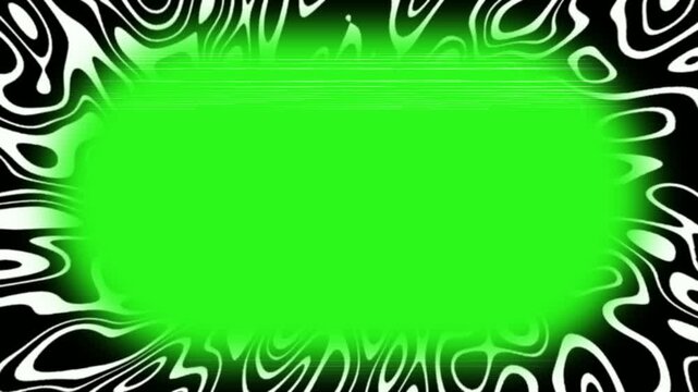 Dynamic liquid marble animation with a central green glowing oval frame and flowing black and white abstract patterns moving outwards in a hypnotic motion loop