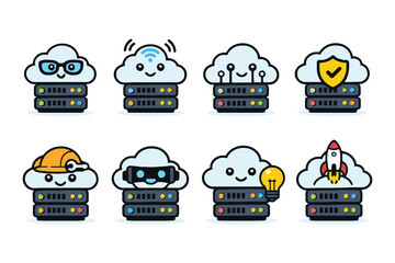 Naklejka premium Set of cute cloud server icons with various technology elements for web development and data storage concepts