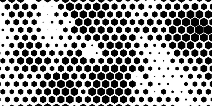 Hexagon halftone gradient texture. Abstract black grunge background. Geometric retro halftone tech overlay. Fading wavy hexagonal pattern backdrop. Vector vanishing honeycomb grunge bitmap wallpaper