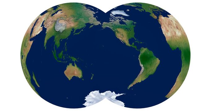 World Map. Nicolosi globular projection animation. High-detail physical Earth map. Globular azimuthal hemisphere display.